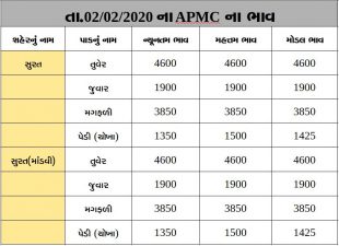 Gujarat All APMC Latest rates of 2 February 2020