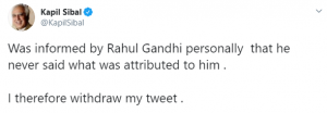 Sibal withdrew the tweet